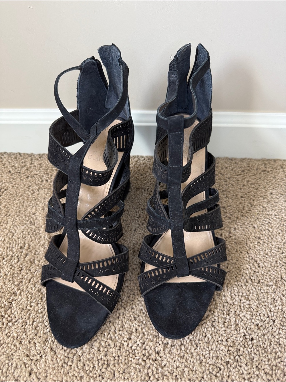Vince Camuto | Black Suede Strappy Cutout Heels | Size 9